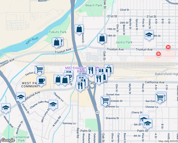 map of restaurants, bars, coffee shops, grocery stores, and more near 3318 California Avenue in Bakersfield