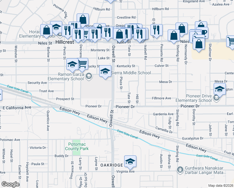 map of restaurants, bars, coffee shops, grocery stores, and more near 3121 Lexington Avenue in Bakersfield