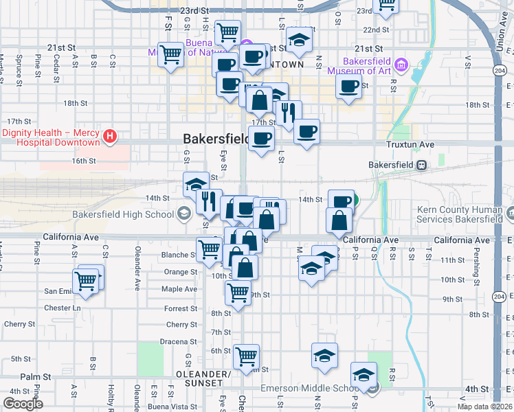 map of restaurants, bars, coffee shops, grocery stores, and more near 1324 K Street in Bakersfield