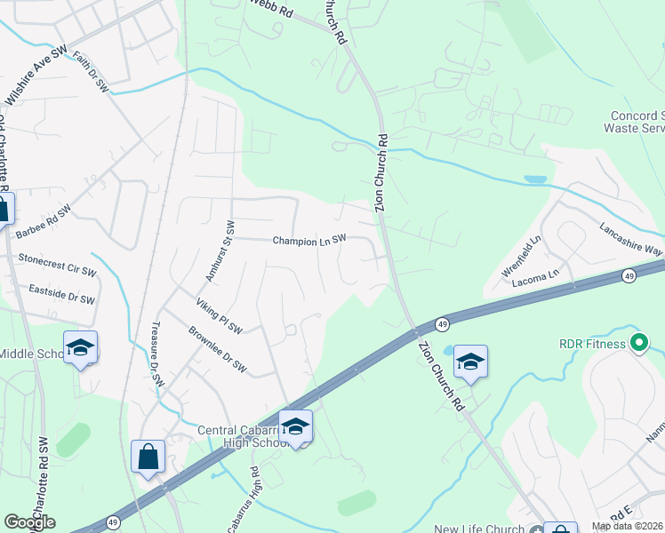 map of restaurants, bars, coffee shops, grocery stores, and more near 3052 Winners Circle Southwest in Concord