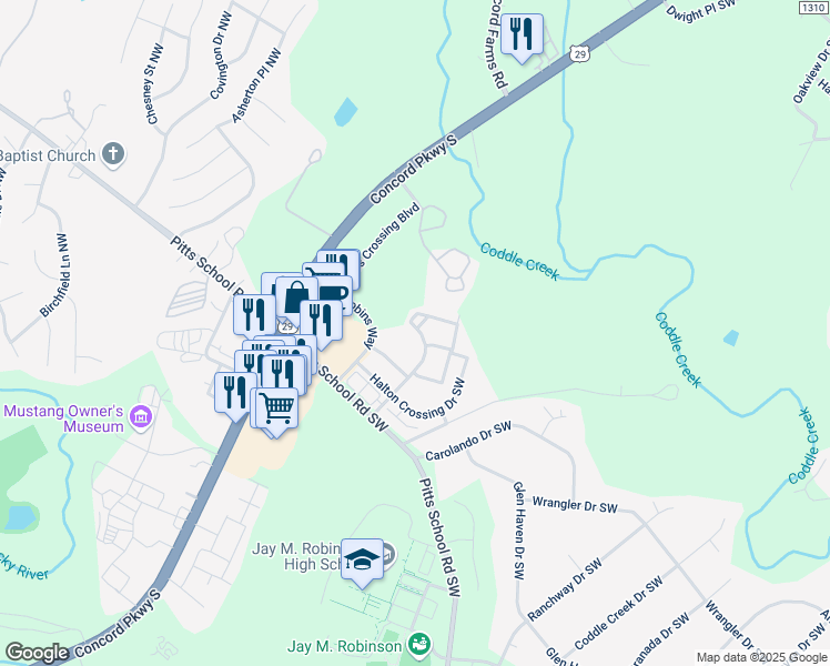 map of restaurants, bars, coffee shops, grocery stores, and more near 3590 Coventry Commons Ave SW in Concord