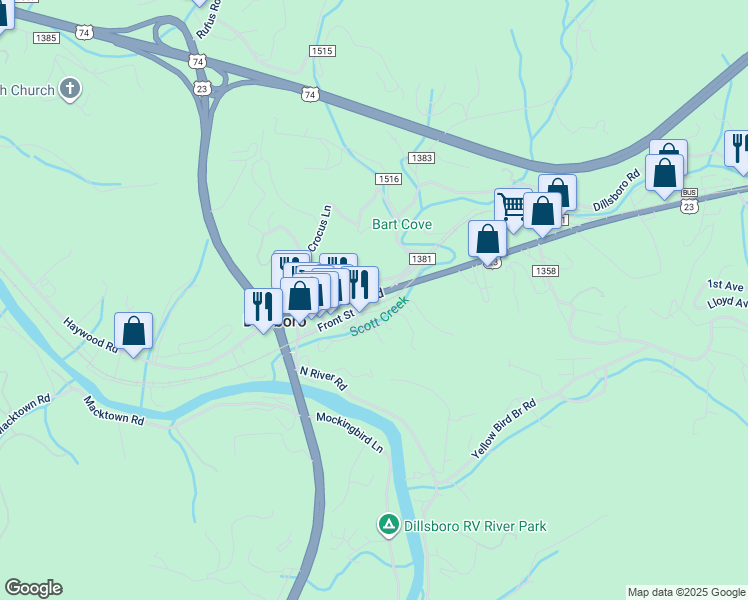 map of restaurants, bars, coffee shops, grocery stores, and more near 335 Haywood Road in Dillsboro