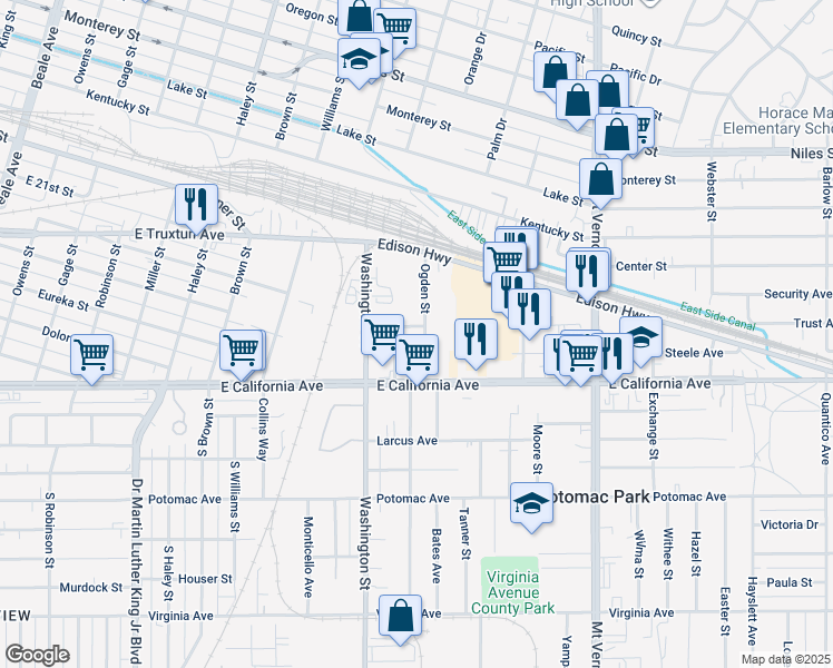 map of restaurants, bars, coffee shops, grocery stores, and more near 1252 Ogden Street in Bakersfield