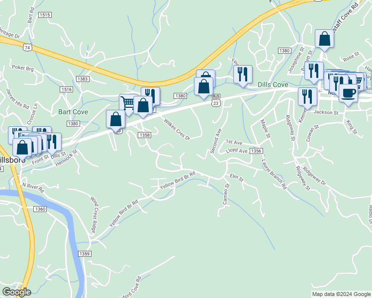 map of restaurants, bars, coffee shops, grocery stores, and more near 1020 Savannah Drive in Sylva