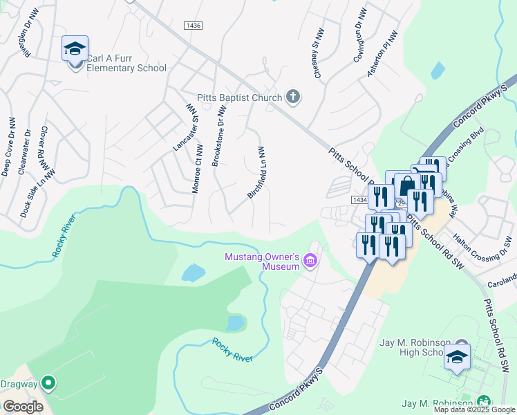 map of restaurants, bars, coffee shops, grocery stores, and more near 5967 Brookcliff Place Northwest in Concord