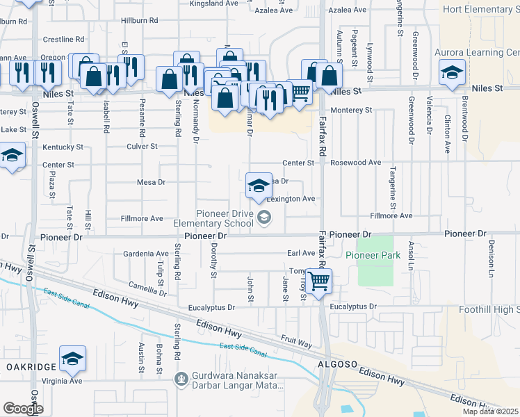 map of restaurants, bars, coffee shops, grocery stores, and more near 4404 Pioneer Drive in Bakersfield