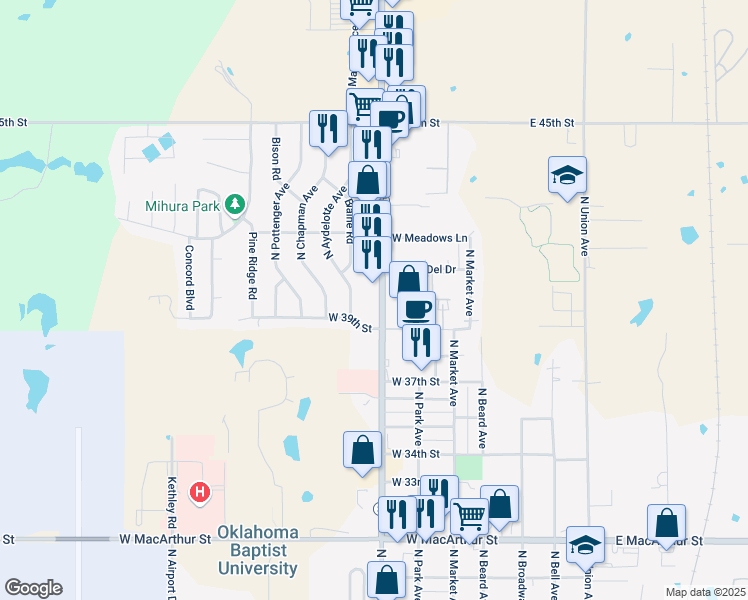 map of restaurants, bars, coffee shops, grocery stores, and more near 3918 North Kickapoo Avenue in Shawnee