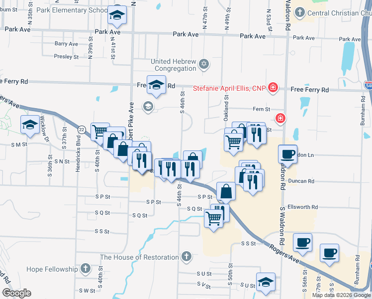 map of restaurants, bars, coffee shops, grocery stores, and more near 1331 South 46th Street in Fort Smith