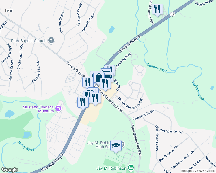 map of restaurants, bars, coffee shops, grocery stores, and more near 3673 Concord Parkway South in Concord