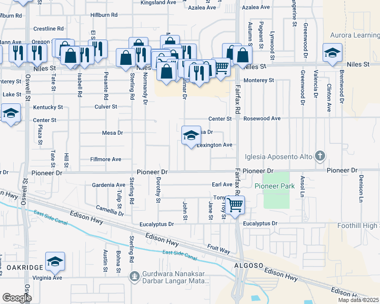 map of restaurants, bars, coffee shops, grocery stores, and more near 4404 Pioneer Drive in Bakersfield