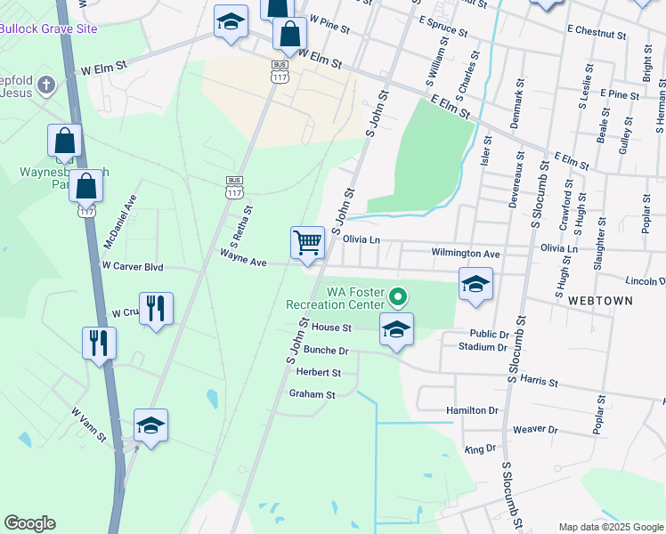 map of restaurants, bars, coffee shops, grocery stores, and more near 206 Wayne Avenue in Goldsboro