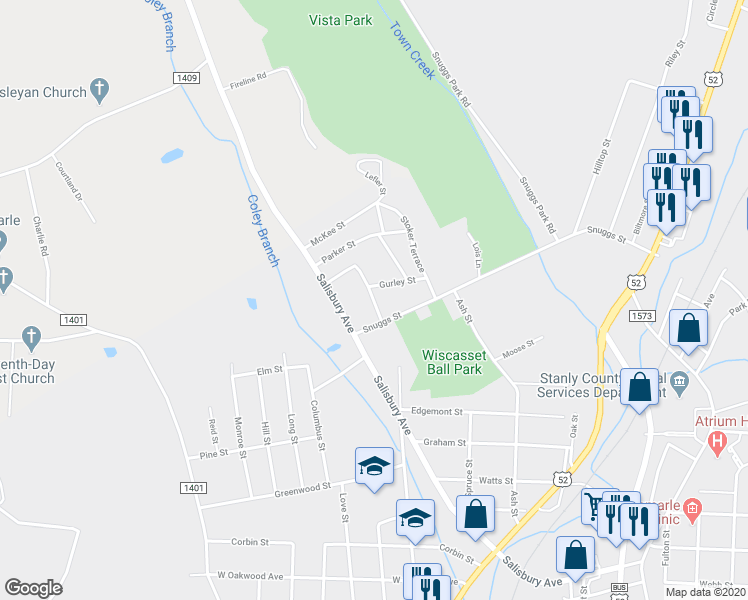 map of restaurants, bars, coffee shops, grocery stores, and more near 1419 Highland Avenue in Albemarle