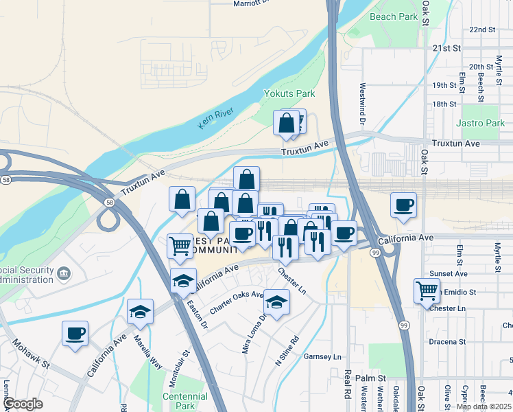 map of restaurants, bars, coffee shops, grocery stores, and more near 4190-4240 Easton Drive in Bakersfield