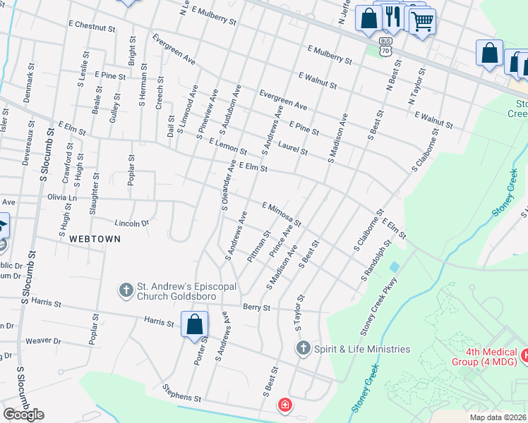 map of restaurants, bars, coffee shops, grocery stores, and more near 1508 East Mimosa Street in Goldsboro