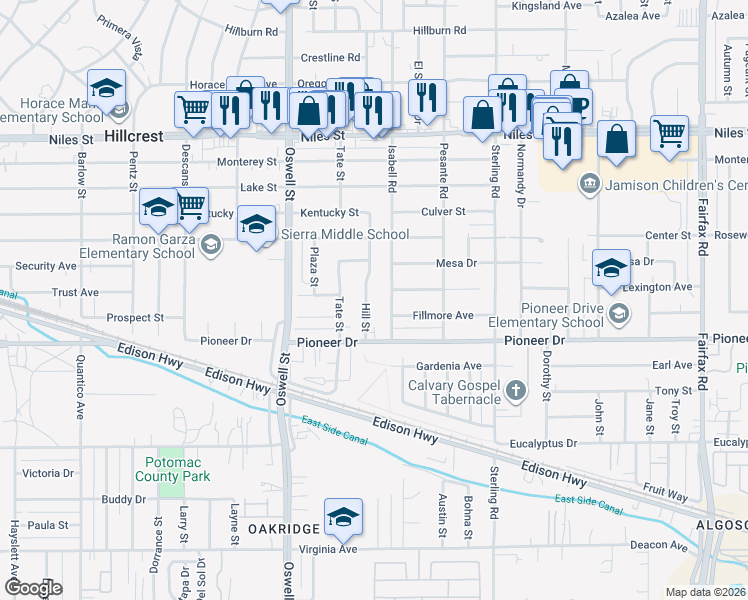 map of restaurants, bars, coffee shops, grocery stores, and more near 602 Isabell Road in Bakersfield