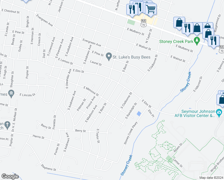 map of restaurants, bars, coffee shops, grocery stores, and more near 607 South Best Street in Goldsboro