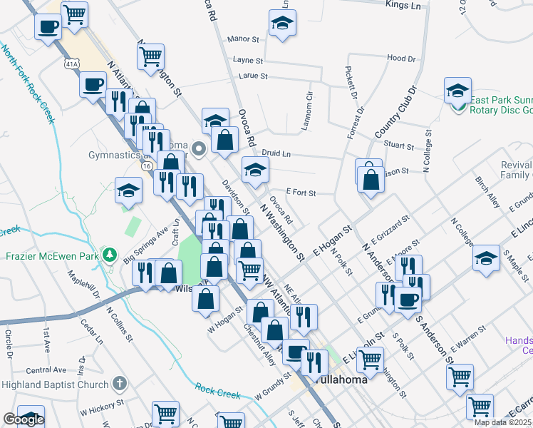 map of restaurants, bars, coffee shops, grocery stores, and more near 705 North Washington Street in Tullahoma