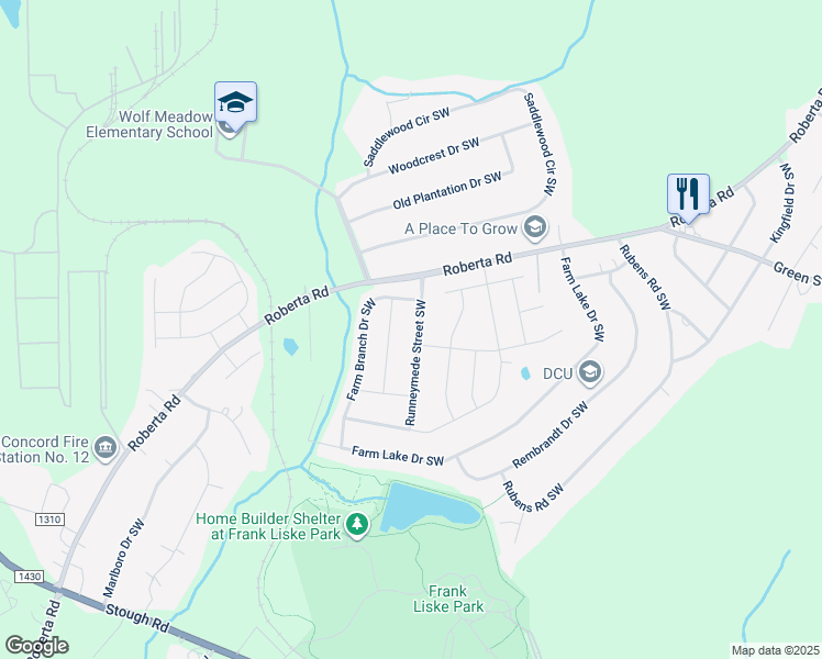 map of restaurants, bars, coffee shops, grocery stores, and more near 3244 Runneymede Street Southwest in Concord