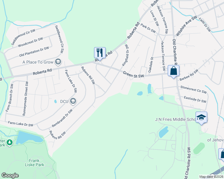 map of restaurants, bars, coffee shops, grocery stores, and more near 529 Kingfield Drive Southwest in Concord
