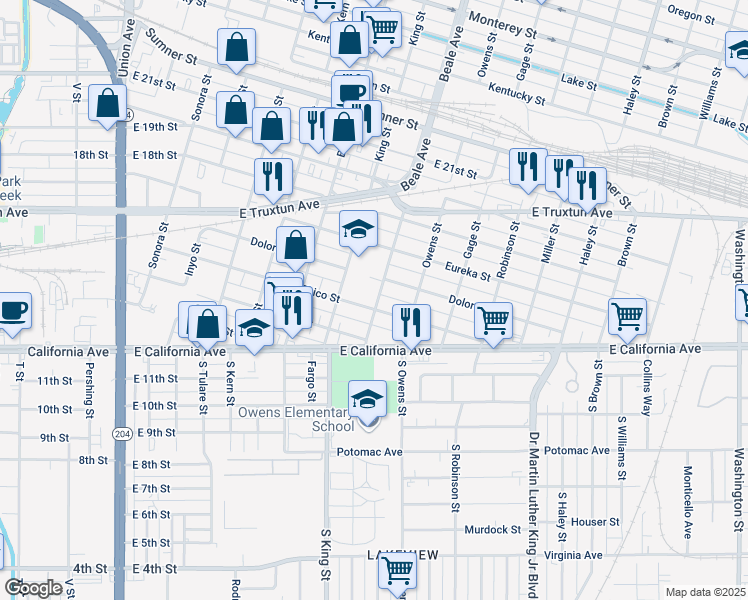 map of restaurants, bars, coffee shops, grocery stores, and more near 305 Beale Avenue in Bakersfield