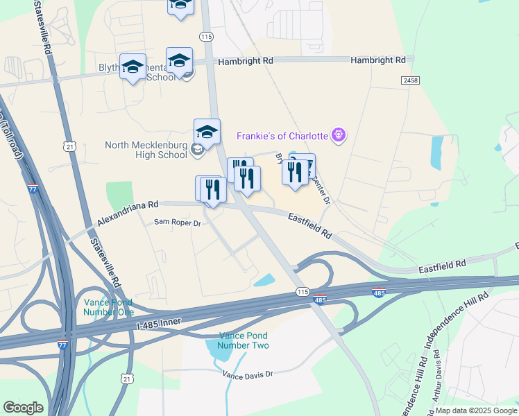 map of restaurants, bars, coffee shops, grocery stores, and more near 6429 Eastfield Road in Huntersville