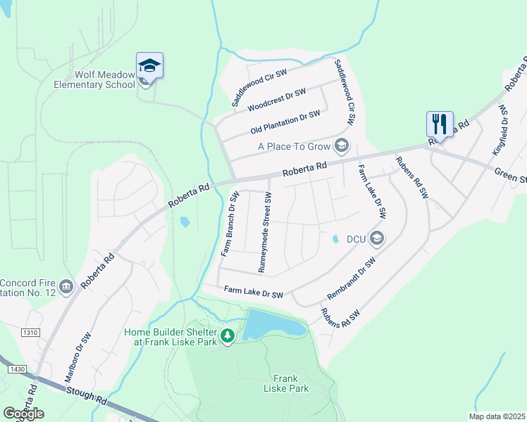 map of restaurants, bars, coffee shops, grocery stores, and more near 3244 Runneymede Street Southwest in Concord