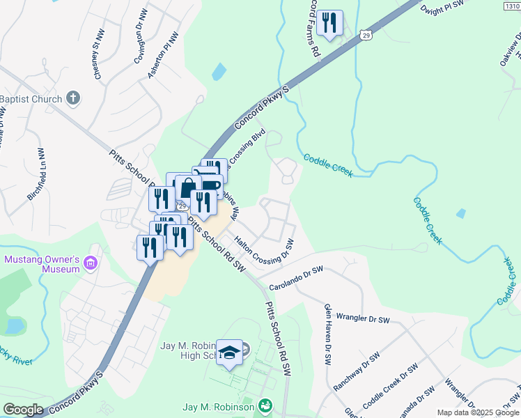 map of restaurants, bars, coffee shops, grocery stores, and more near 3590 Coventry Commons Ave SW in Concord