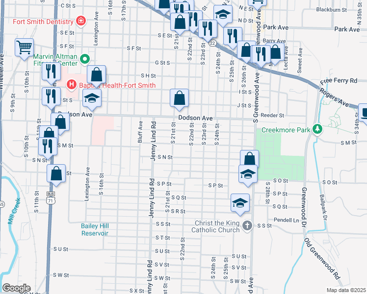 map of restaurants, bars, coffee shops, grocery stores, and more near 2116 South M Street in Fort Smith