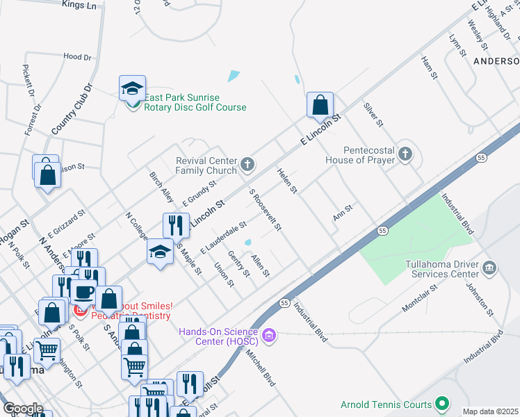 map of restaurants, bars, coffee shops, grocery stores, and more near 202 South Roosevelt Street in Tullahoma
