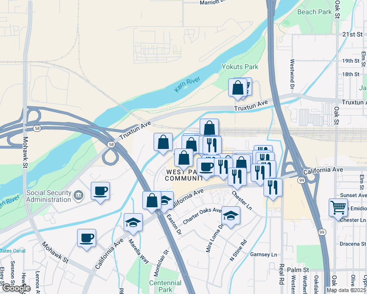 map of restaurants, bars, coffee shops, grocery stores, and more near 4420 Easton Drive in Bakersfield