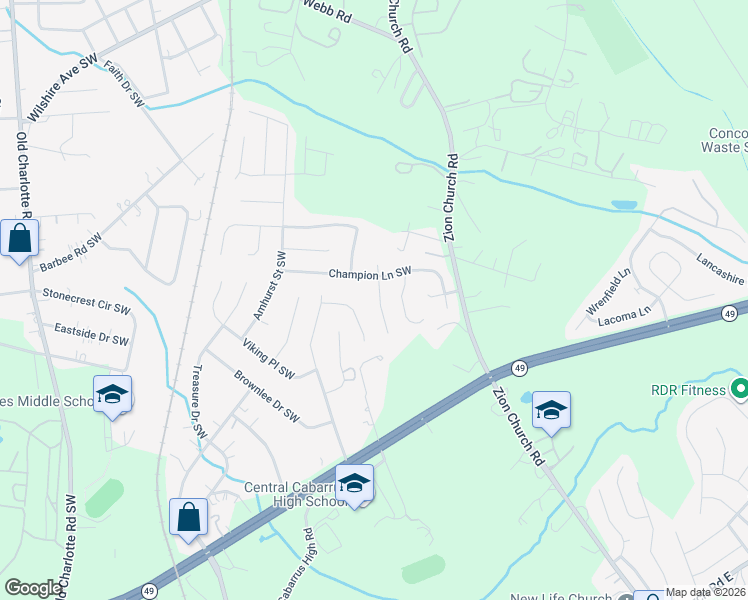 map of restaurants, bars, coffee shops, grocery stores, and more near 3061 Parade Lane Southwest in Concord