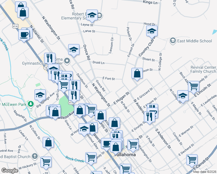 map of restaurants, bars, coffee shops, grocery stores, and more near 605 Cedar Crest Drive in Tullahoma