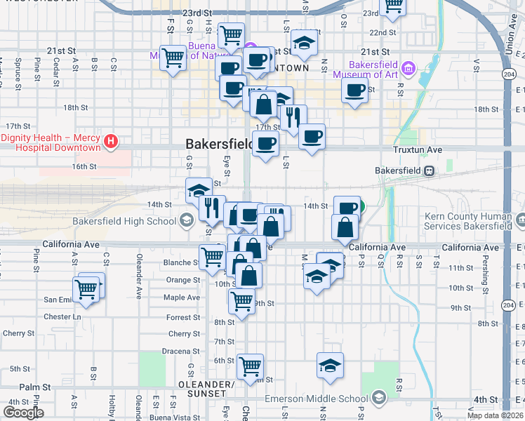 map of restaurants, bars, coffee shops, grocery stores, and more near 1324 K Street in Bakersfield