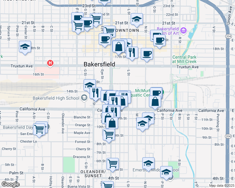 map of restaurants, bars, coffee shops, grocery stores, and more near 1324 K Street in Bakersfield