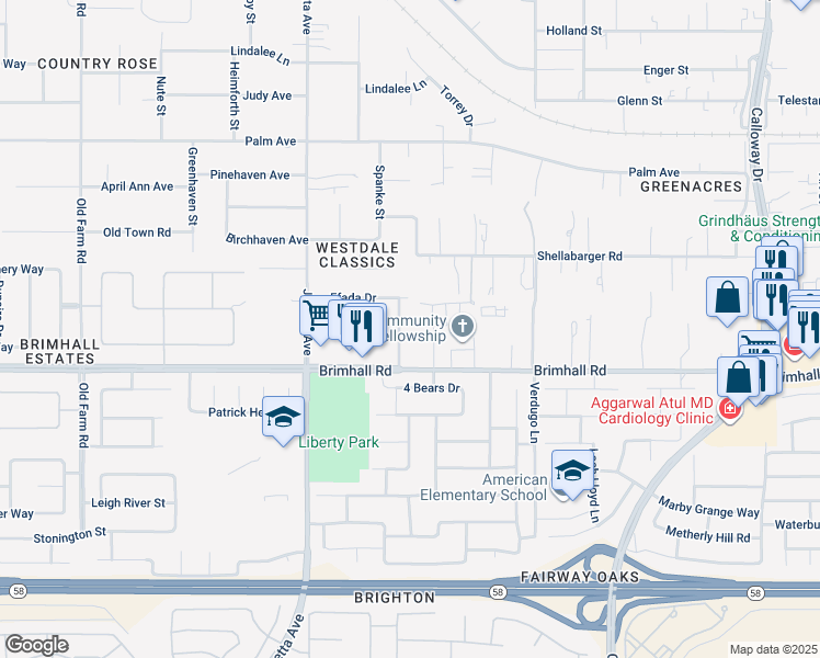 map of restaurants, bars, coffee shops, grocery stores, and more near 1308 Reddick Lane in Bakersfield