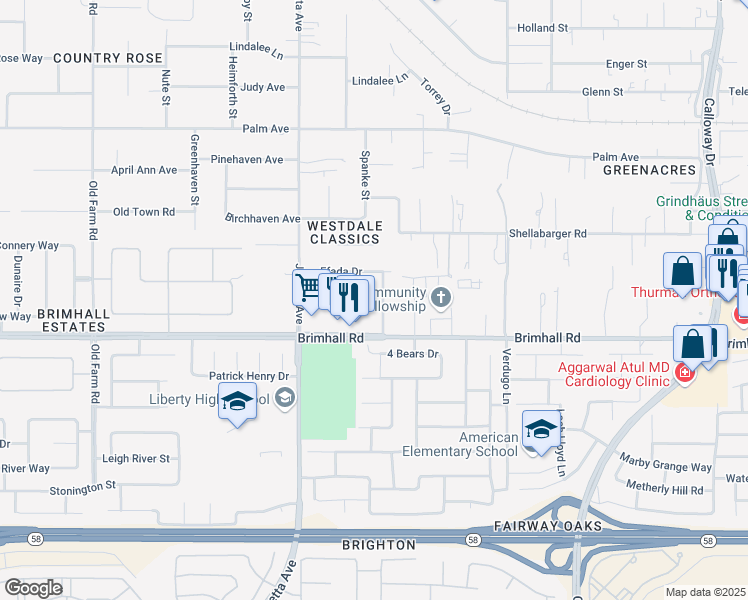 map of restaurants, bars, coffee shops, grocery stores, and more near 1308 Reddick Lane in Bakersfield