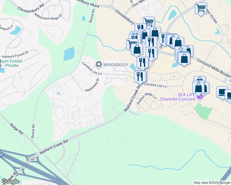 map of restaurants, bars, coffee shops, grocery stores, and more near 8625 Hollow Creek Circle in Charlotte