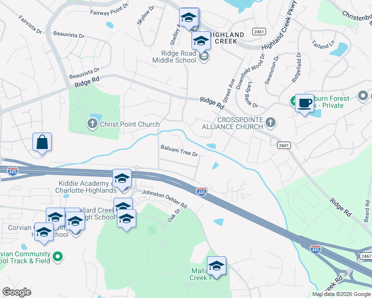 map of restaurants, bars, coffee shops, grocery stores, and more near 3507 Balsam Tree Drive in Charlotte