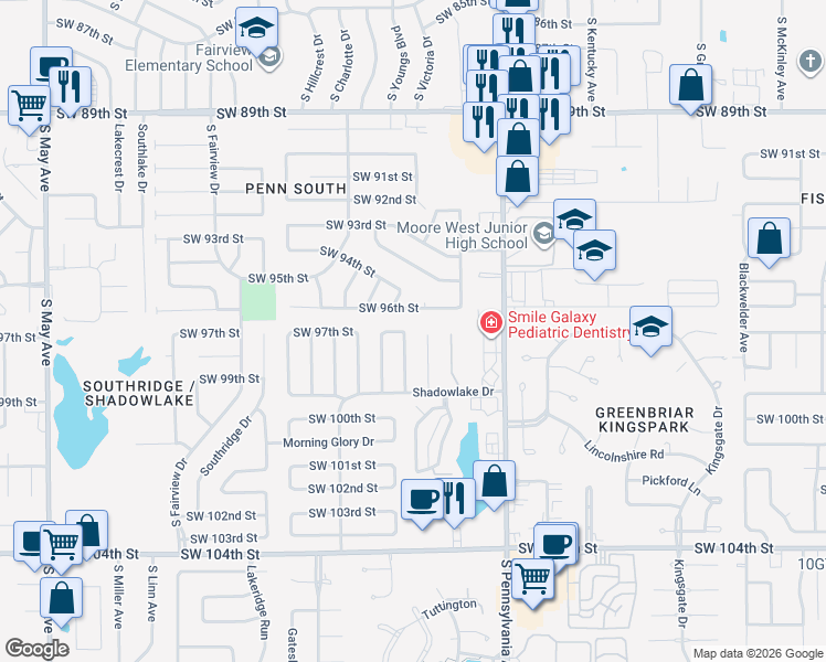 map of restaurants, bars, coffee shops, grocery stores, and more near 9809 Larkspur Lane in Oklahoma City