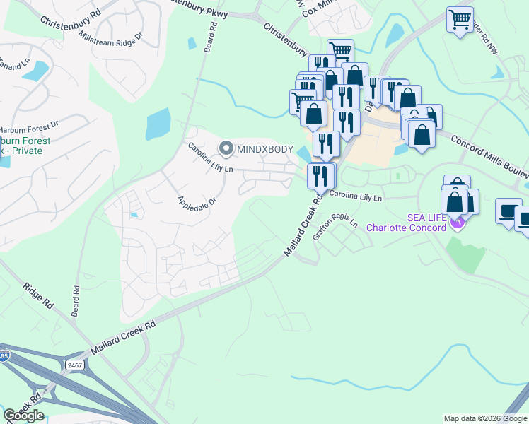 map of restaurants, bars, coffee shops, grocery stores, and more near 8825 Kings Grant Drive in Charlotte