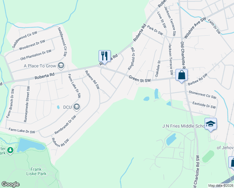 map of restaurants, bars, coffee shops, grocery stores, and more near 529 Kingfield Drive Southwest in Concord
