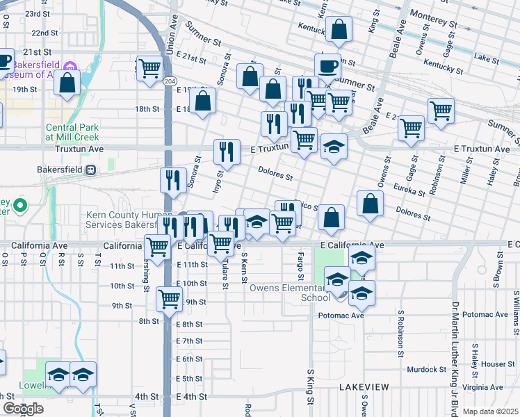 map of restaurants, bars, coffee shops, grocery stores, and more near 612 Butte Street in Bakersfield