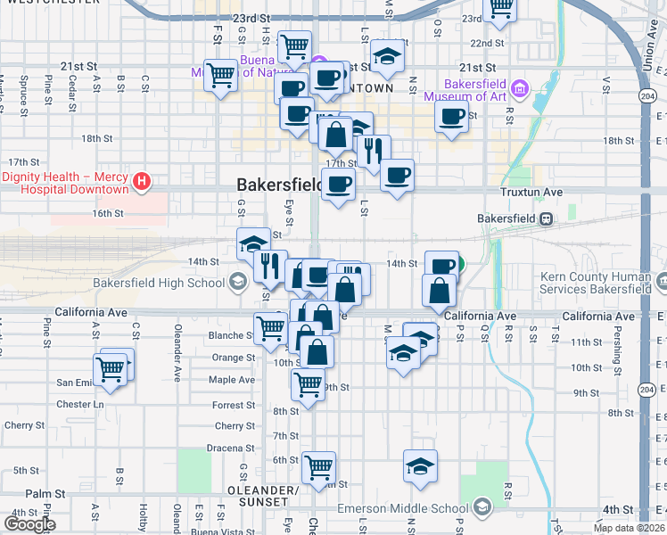 map of restaurants, bars, coffee shops, grocery stores, and more near 1324 K Street in Bakersfield