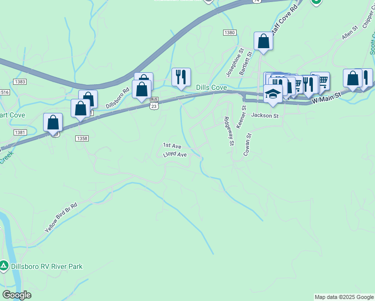map of restaurants, bars, coffee shops, grocery stores, and more near 45 1st Avenue in Sylva