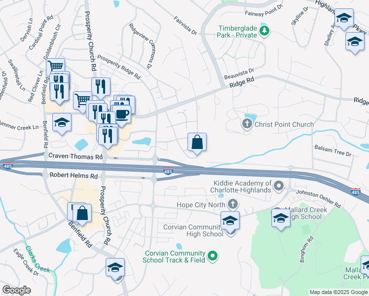 map of restaurants, bars, coffee shops, grocery stores, and more near 5523 Waverly Lynn Lane in Charlotte
