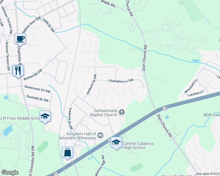 map of restaurants, bars, coffee shops, grocery stores, and more near 512 Garrison Court Southwest in Concord