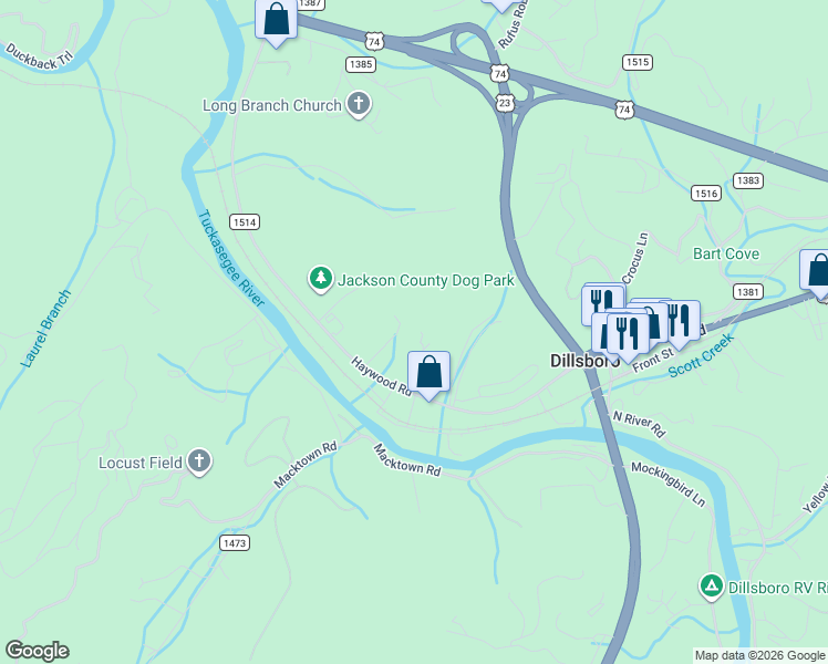 map of restaurants, bars, coffee shops, grocery stores, and more near 133 Harmony Hill Road in Sylva