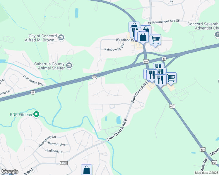 map of restaurants, bars, coffee shops, grocery stores, and more near 1278 Laurelwind Place Southwest in Concord