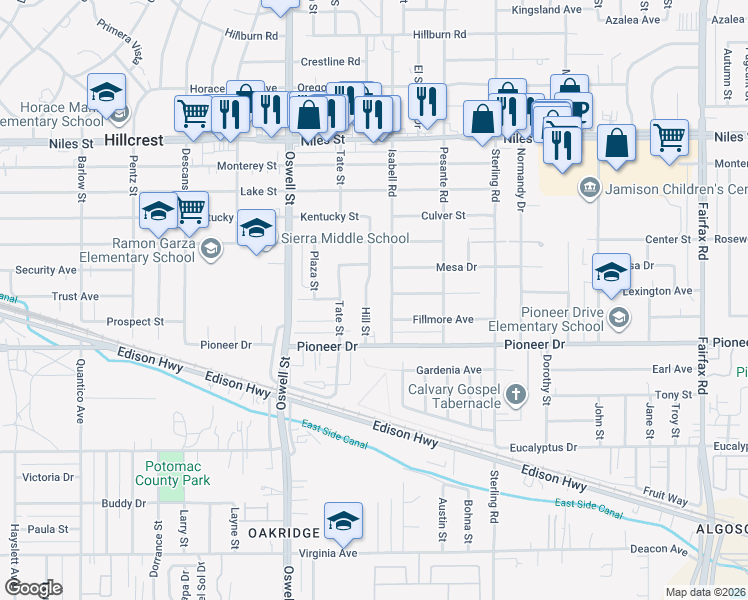 map of restaurants, bars, coffee shops, grocery stores, and more near 602 Isabell Road in Bakersfield