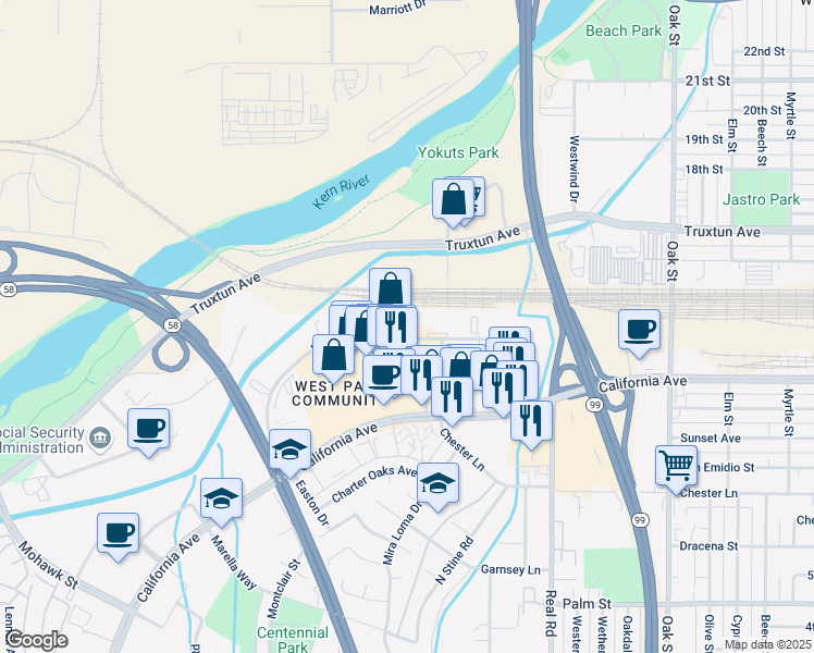 map of restaurants, bars, coffee shops, grocery stores, and more near 4190 Easton Drive in Bakersfield